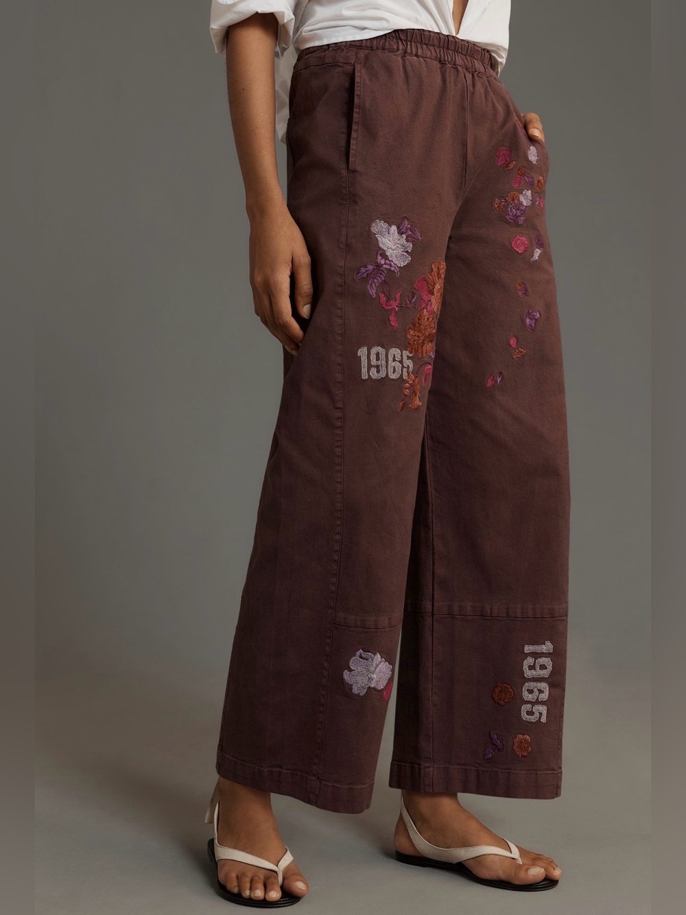 Anthropologie Wide-Leg Floral Embroidered Pants burgundy - Picture 2 of 10